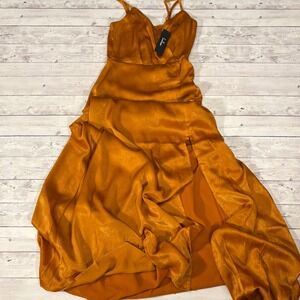 Lulus Women's XXS Copper Orange Satin Strappy Maxi Dress with Slit, NWT